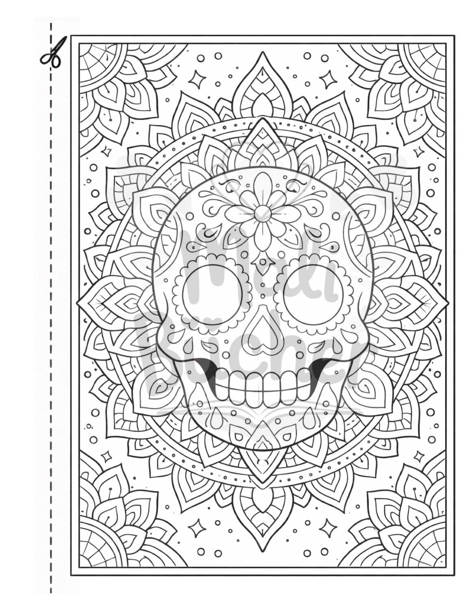 Totenkopf Mandala Ausmalbild für Kinder ab 8 Jahren