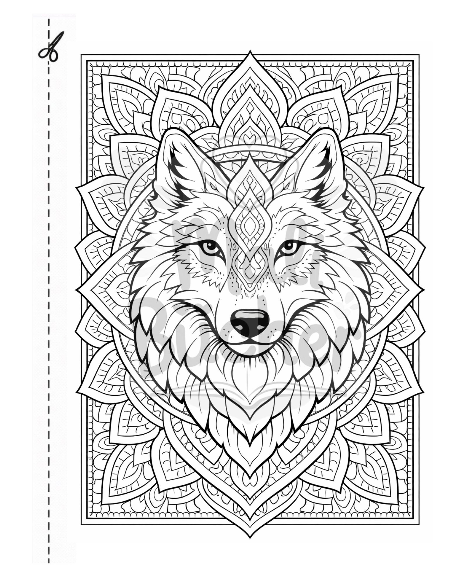Wolf Mandala Ausmalbild für Kinder ab 8 Jahren