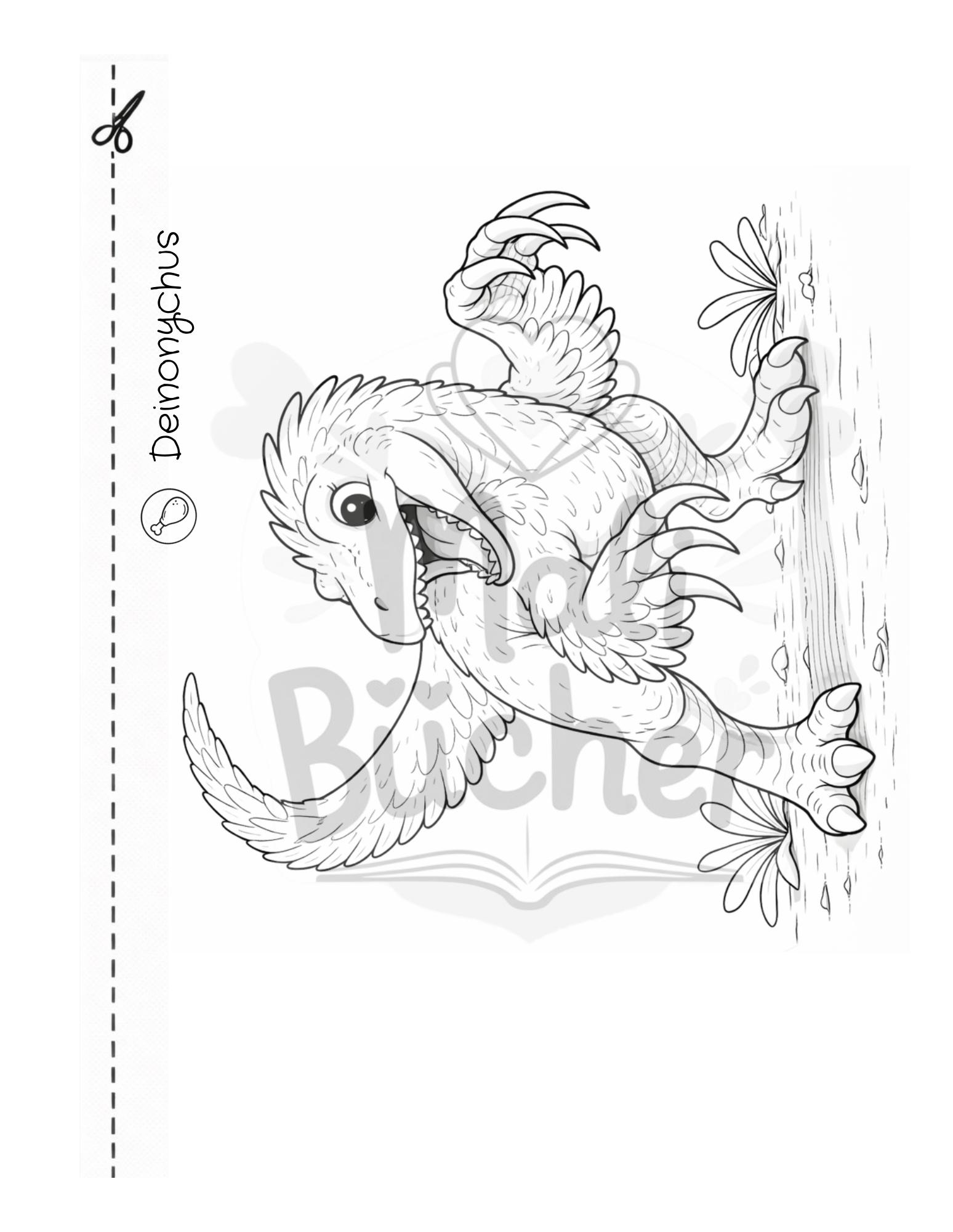 Deinonychus Ausmalbild aus dem Dinosaurier Malbuch für Kinder