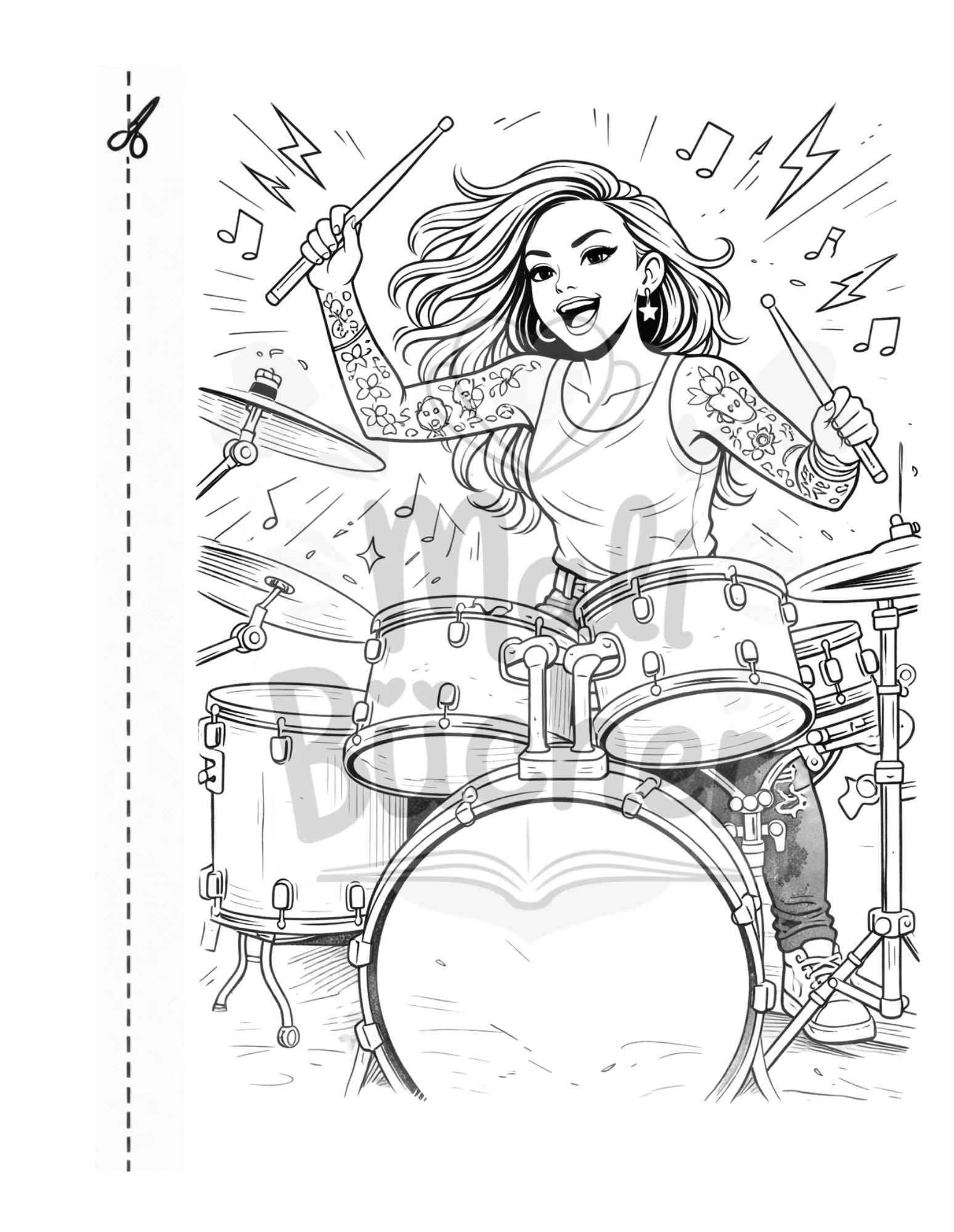 Schlagzeug Mädchen Ausmalbild modernes Malbuch für coole Mädchen