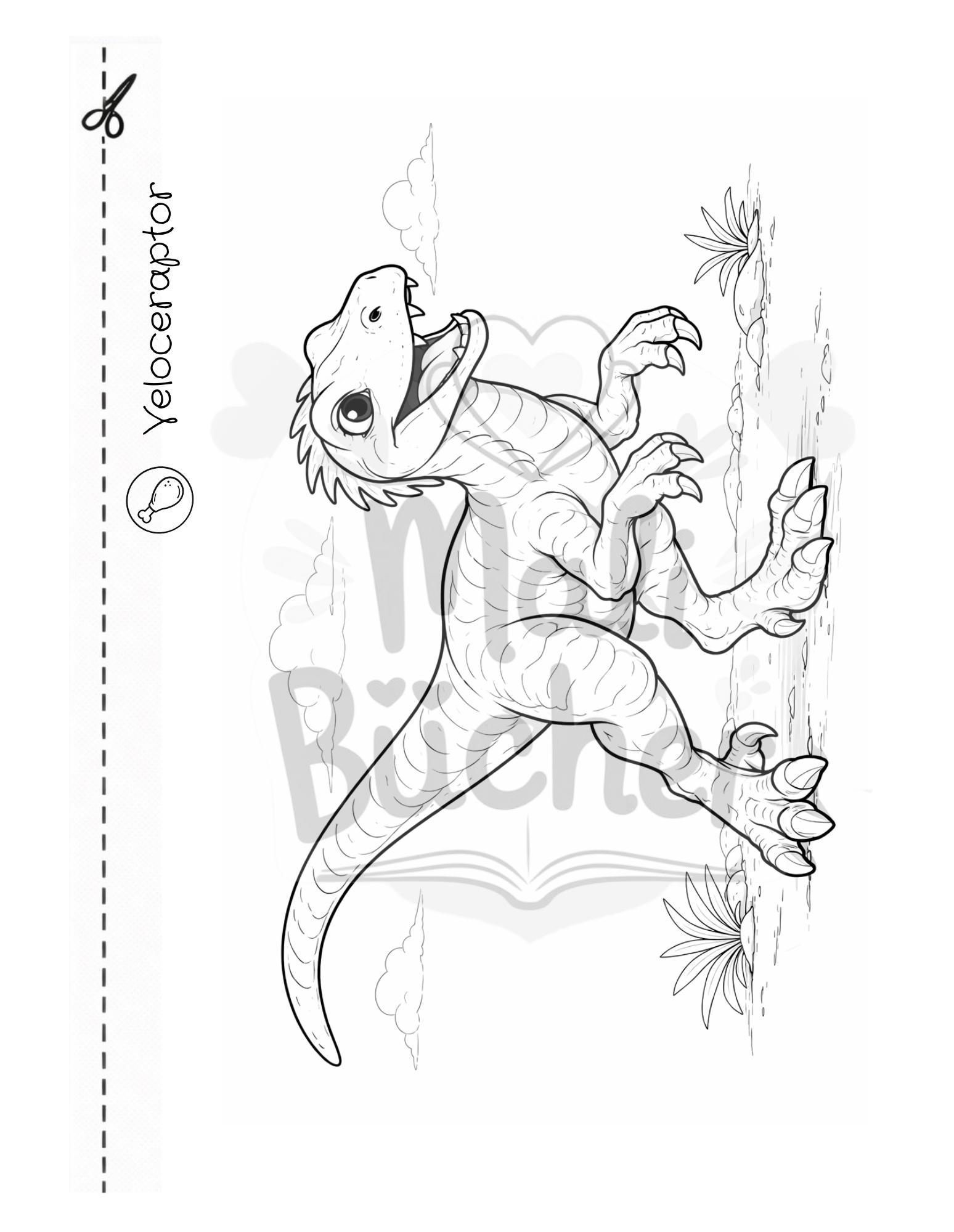 Velociraptor Ausmalbild aus dem Dinosaurier Malbuch für Kinder
